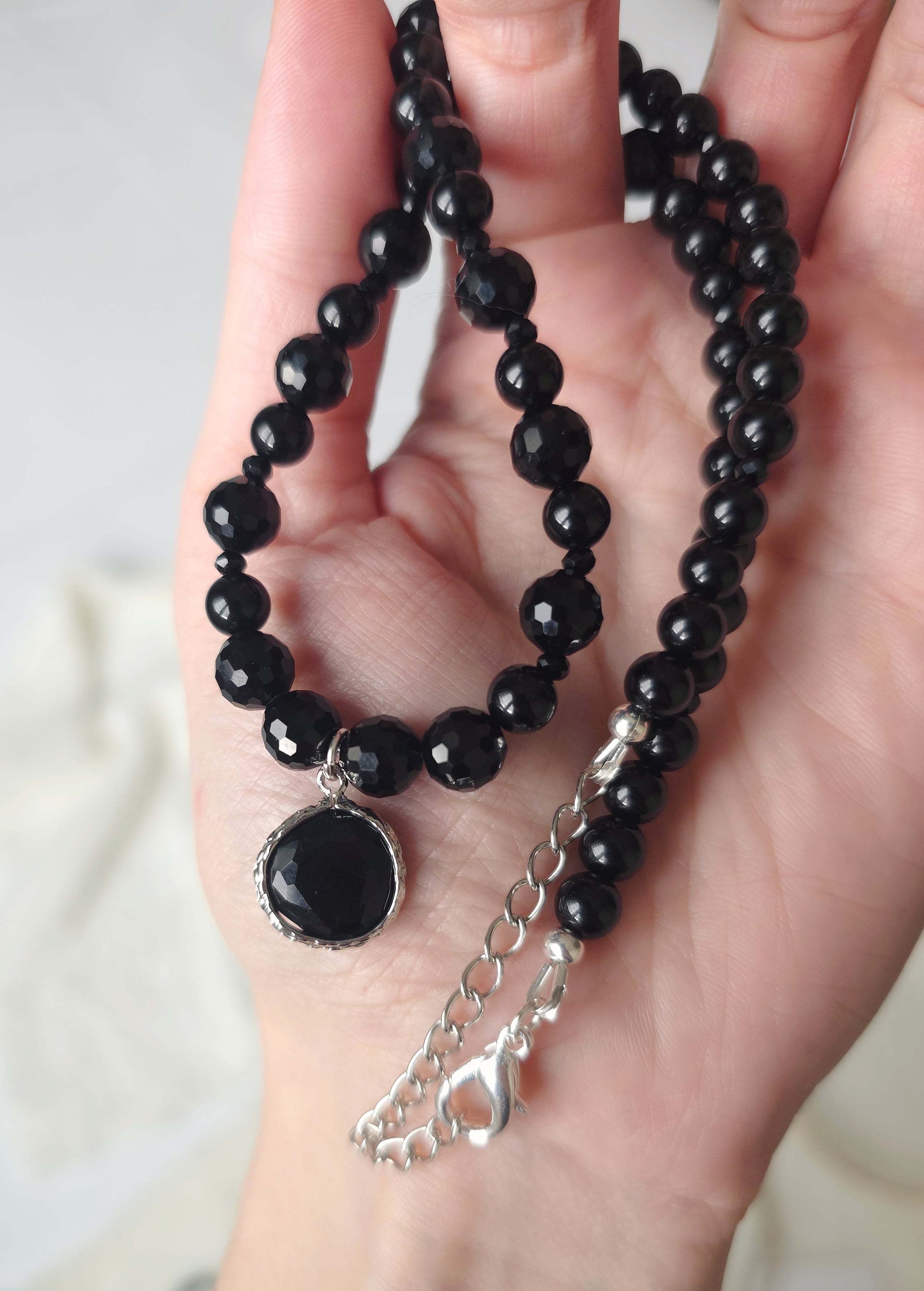 Black magic necklace from glass crystals,  onyx & glass pendant