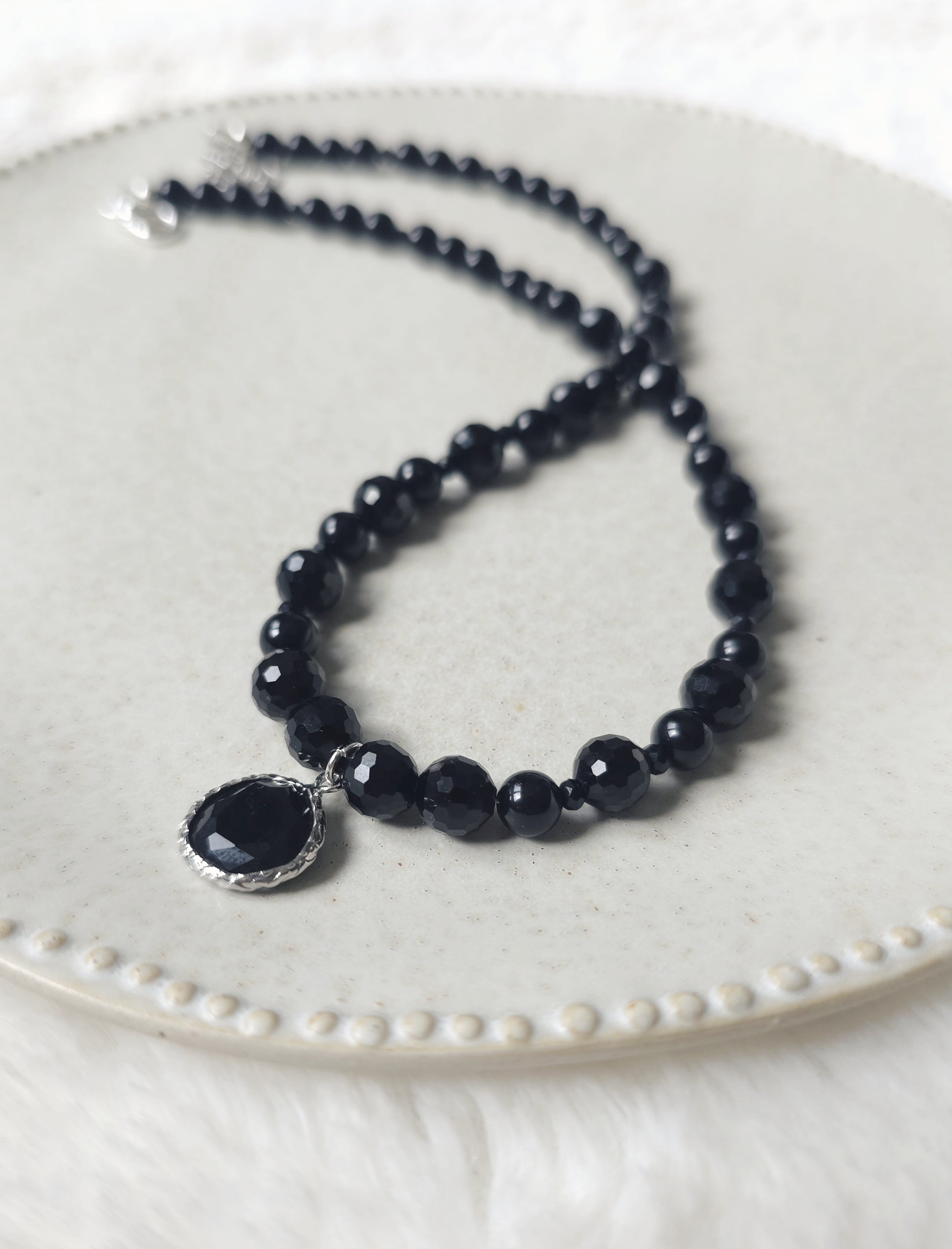 Black magic necklace from glass crystals,  onyx & glass pendant