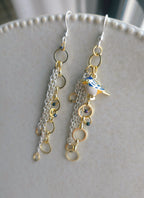 Chain earrings with blue bird pendant. Silver hooks