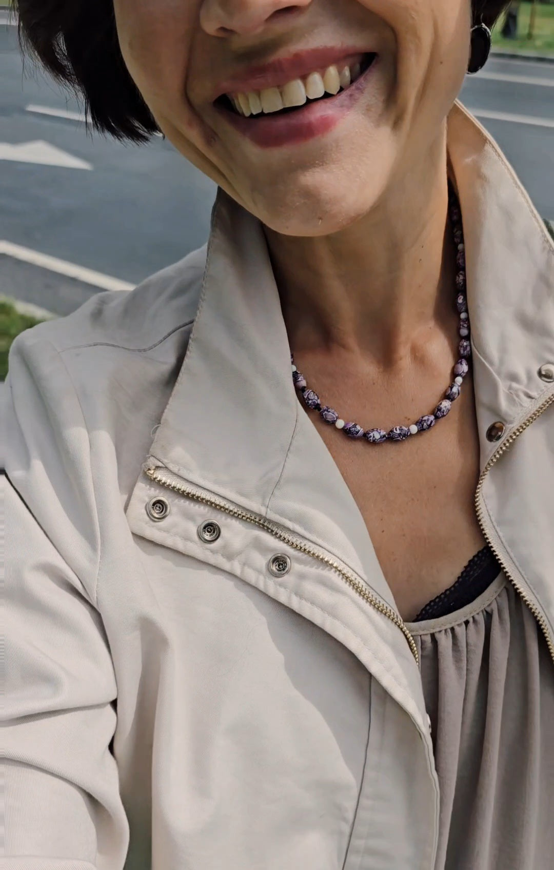 Purple, white beaded necklace
